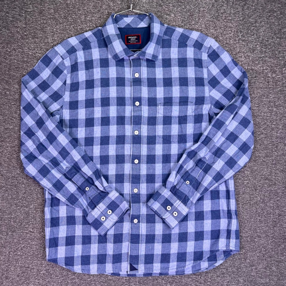 UNTUCKit Shirt Men M Blue Buffalo Plaid Speckled Long Sleeve Organic Cotton Prep